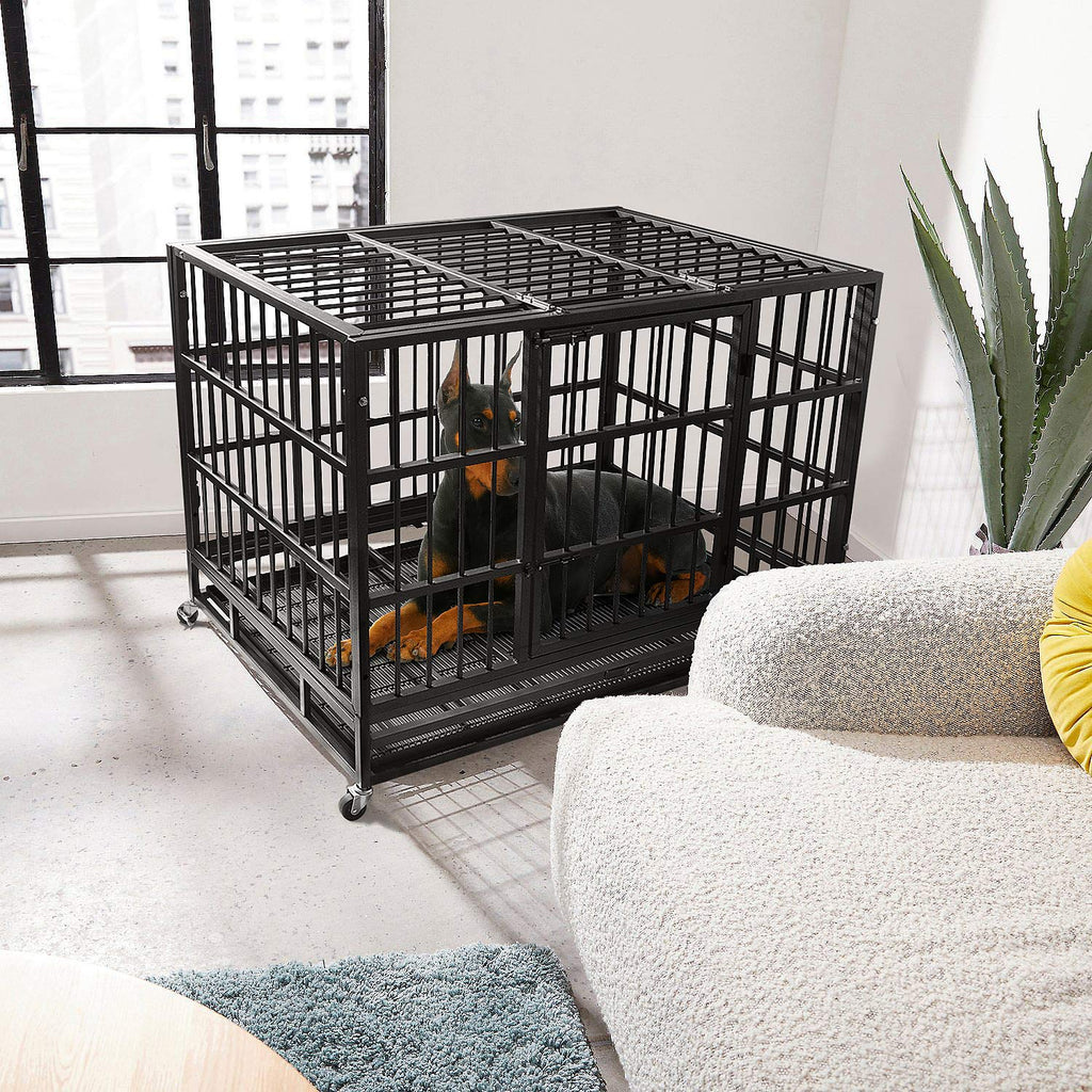 Heavy Duty 4 Wheels Double Door Metal Dog Crate 48 Inch A172696