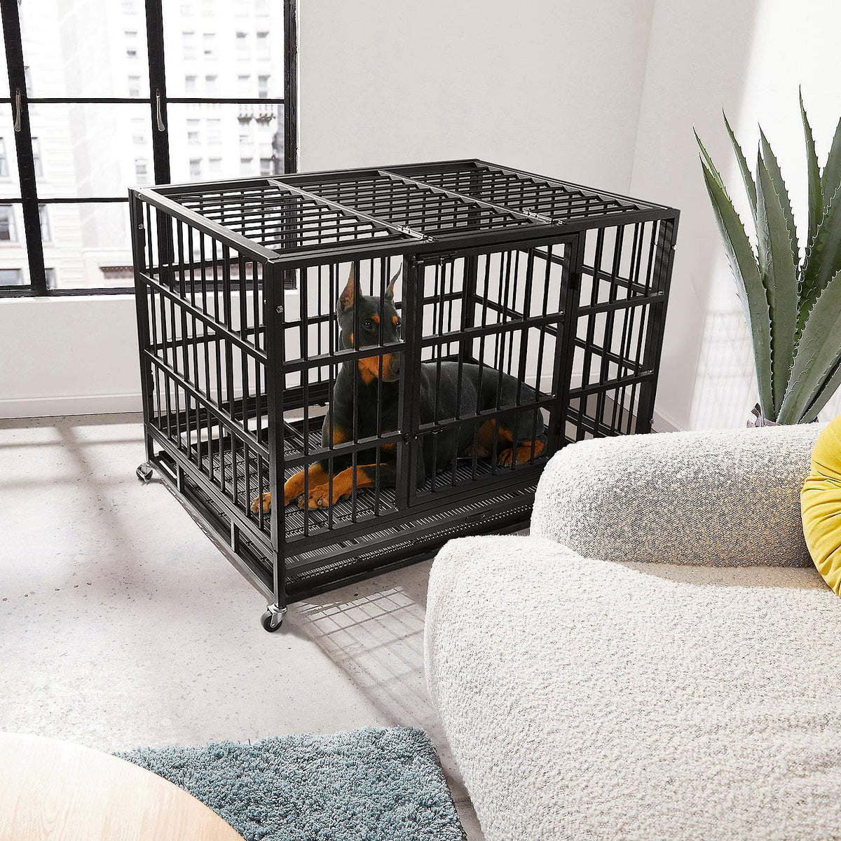 Heavy Duty 4 Wheels Double Door Metal Dog Crate 48 Inch A172696