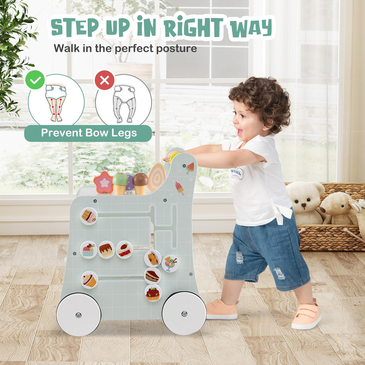 Wooden Baby Walker with Storage and Wheels F600220