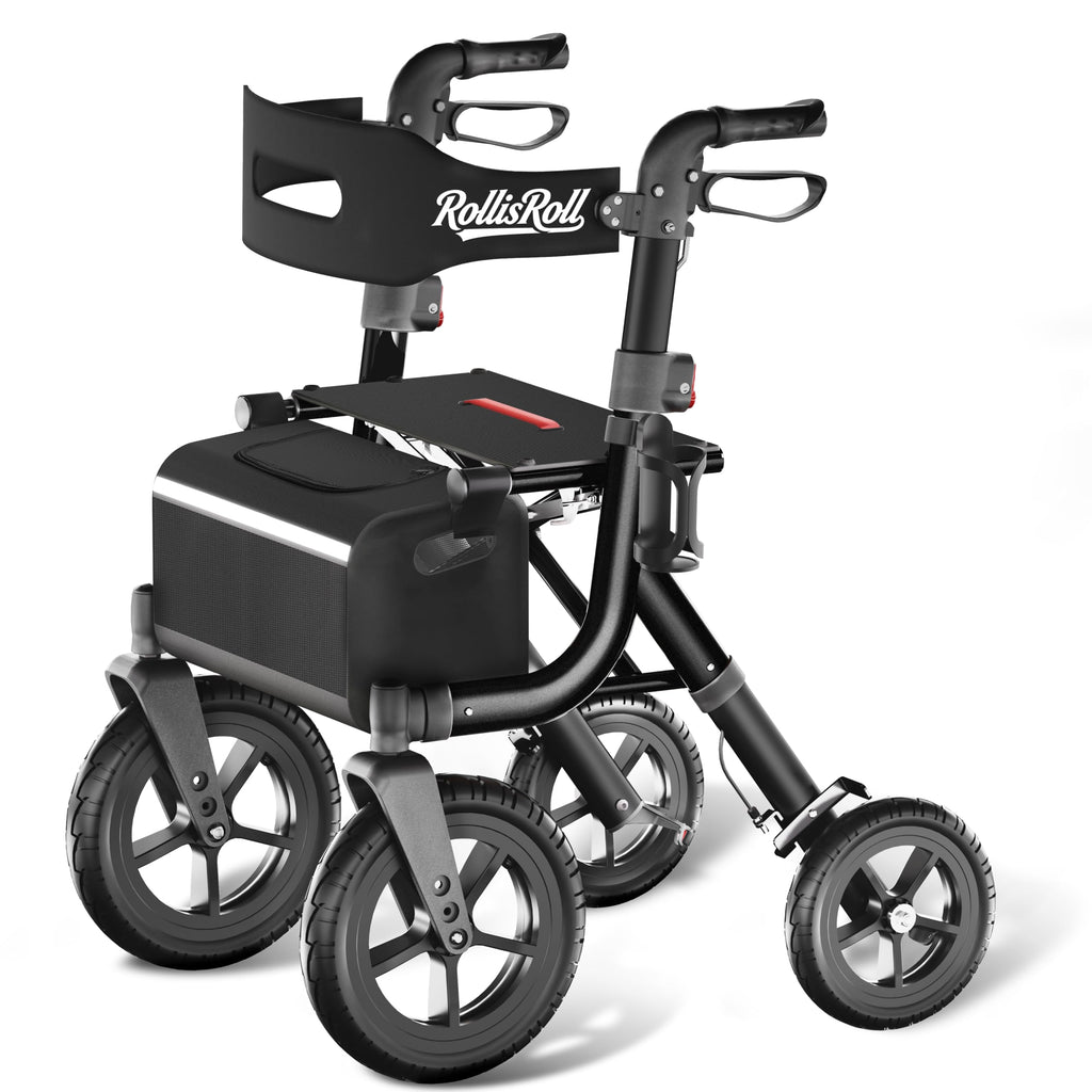 Black Foldable Rollator Walker with Seat, Backrest, 12" Rubber Wheels V666536