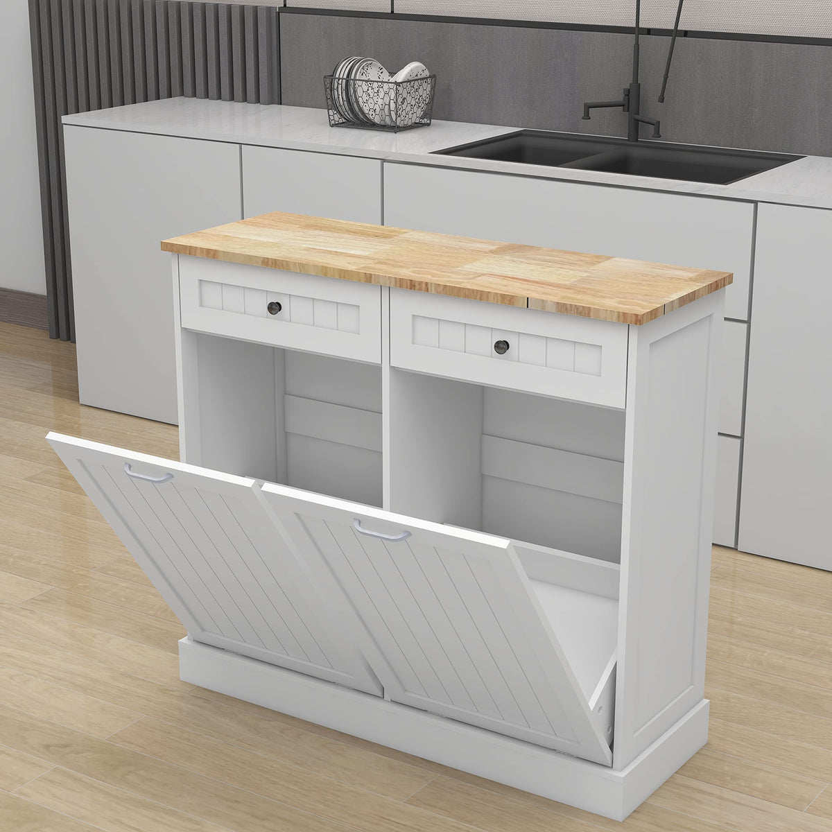 White 2 Drawer Tilt Out Trash Cabinet Q655