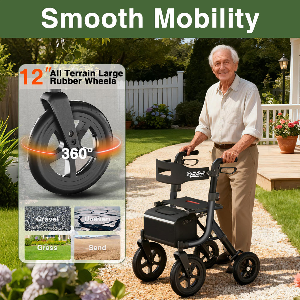 Black Foldable Rollator Walker with Seat, Backrest, 12" Rubber Wheels V666536