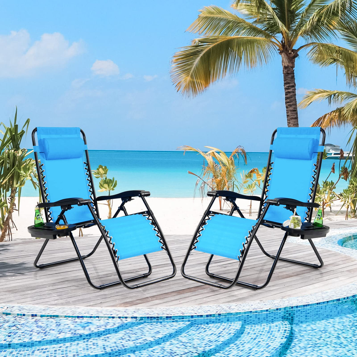 Set of 2 Blue Zero Gravity Chair with Cup Holder K8180
