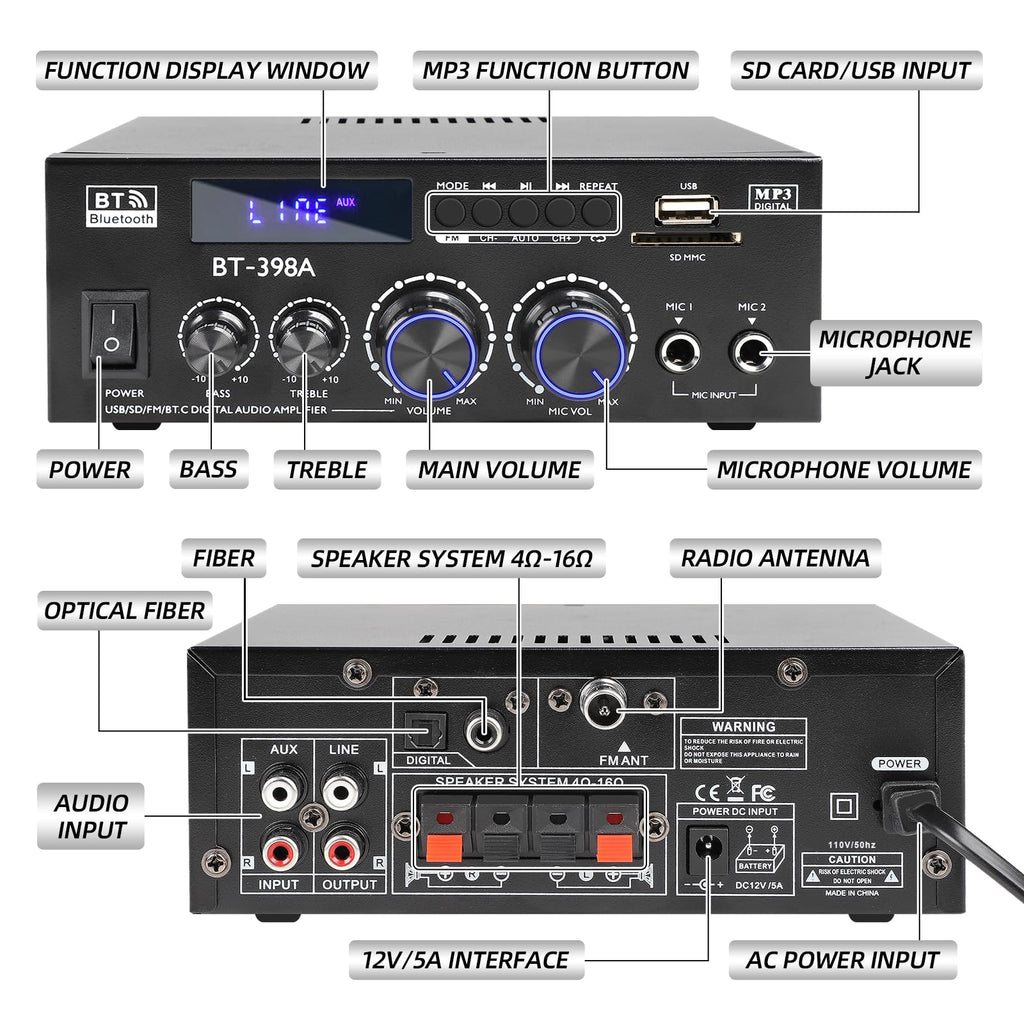 Bluetooth 5.0 Stereo Receivers, 2 Channel 450W Home Amplifier C988
