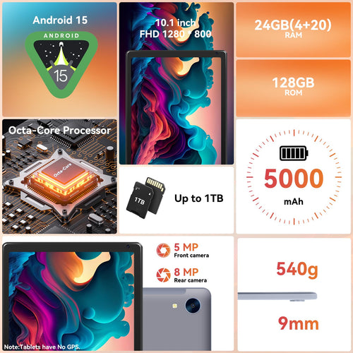10.1" Android Tablet with Octa-core Processor 24GB RAM 128GB ROM HD IPS Touchscreen R2232
