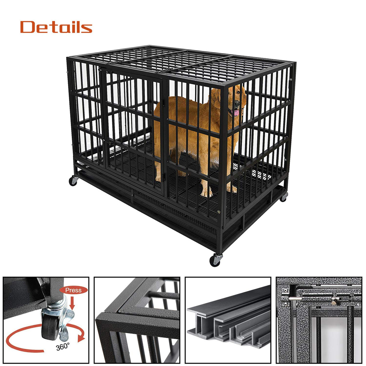 Heavy Duty 4 Wheels Double Door Metal Dog Crate 48 Inch A172696