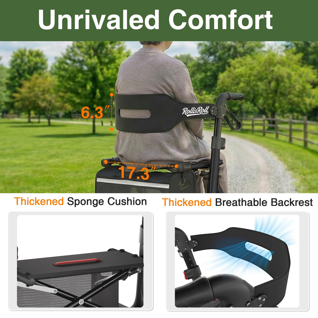 Black Foldable Rollator Walker with Seat, Backrest, 12" Rubber Wheels V666536