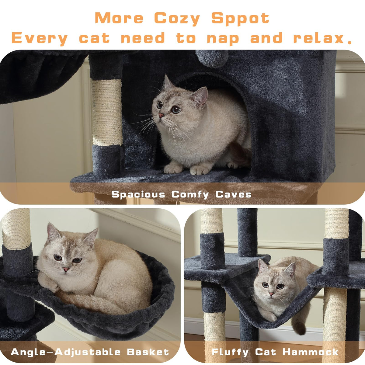 70-Inch Large Cat Tree Tower with Hammock, Scratching Post, Condo, Dark Gray R28249