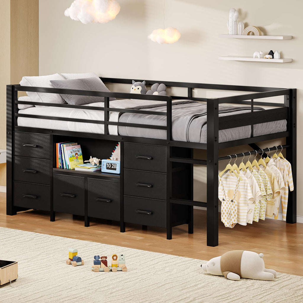 Black Twin Size Low Loft Bed with 8 Storage Drawers P817366