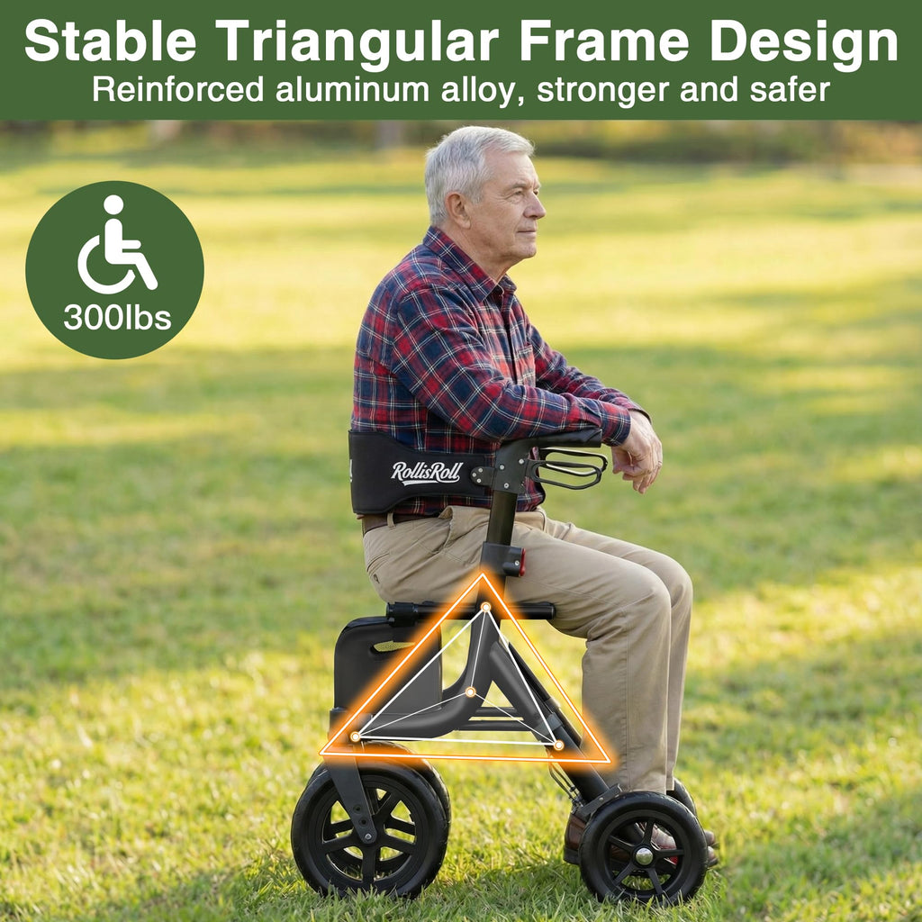Black Foldable Rollator Walker with Seat, Backrest, 12" Rubber Wheels V666536