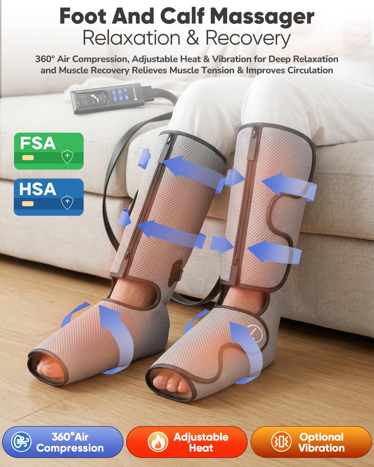 Air Compression Leg Massager with Heat, Foot and Calf Massager, 9 Intensity, 4 Modes, 3 Heating Q950339