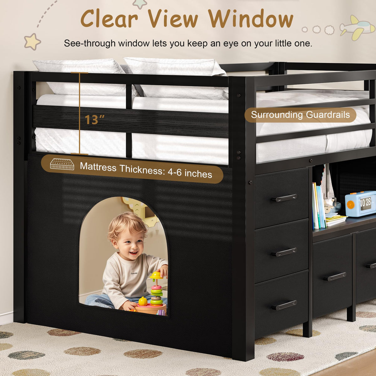 Black Twin Size Low Loft Bed with 8 Storage Drawers P817366