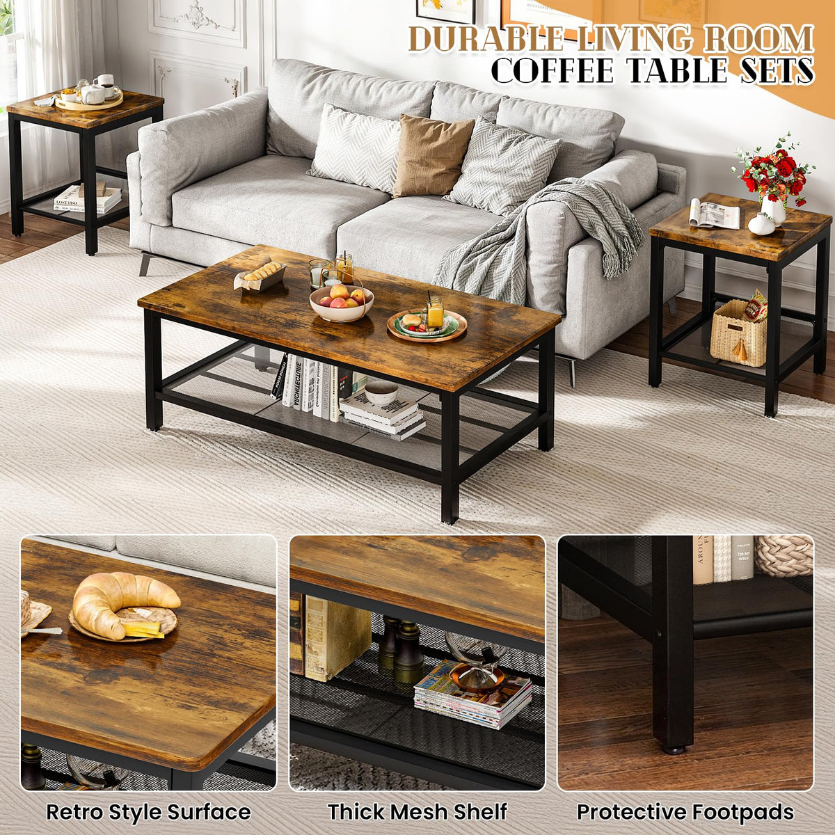 3-Piece Coffee Table Set with 2 Square End Side Tables P726