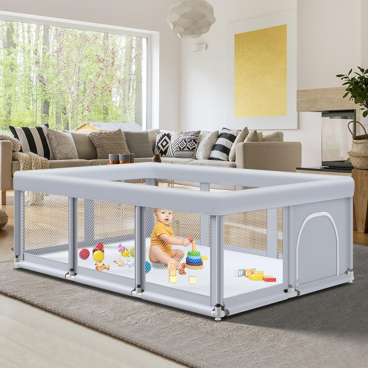 74" ×50" Large Baby Playpen with Soft Breathable Mesh, Grey L78930