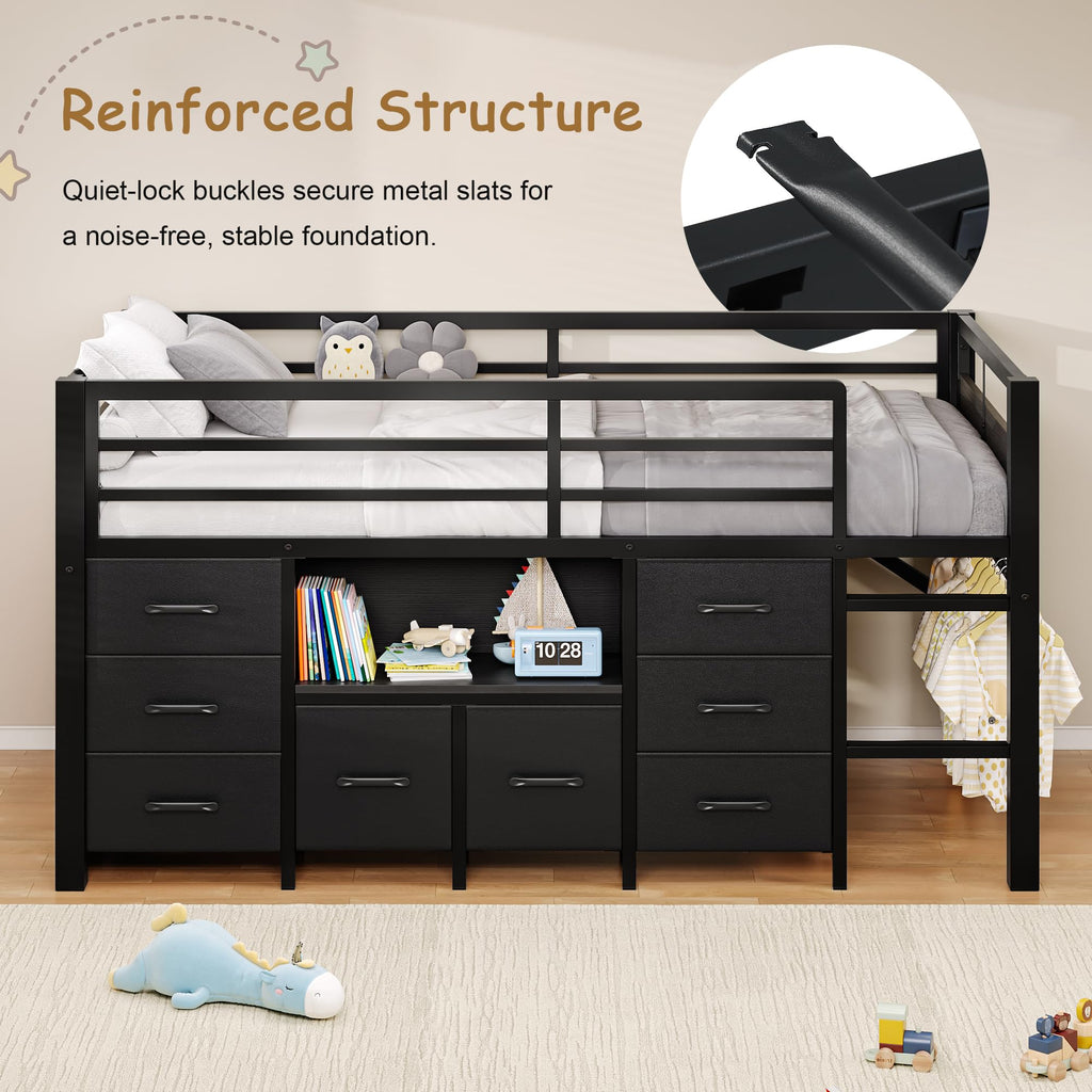 Black Twin Size Low Loft Bed with 8 Storage Drawers P817366