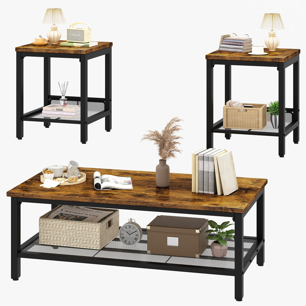 3-Piece Coffee Table Set with 2 Square End Side Tables P726