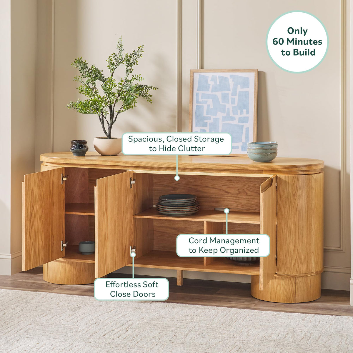 70 Inch White Oak Wood Sideboard TV Stand with Storage W54290