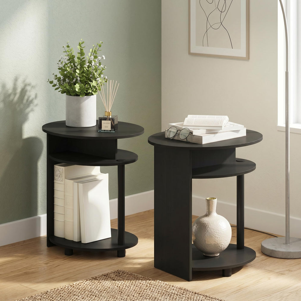 Set of 2 Round End Table with Oval Tabletop and Open Shelf, Walnut T53105