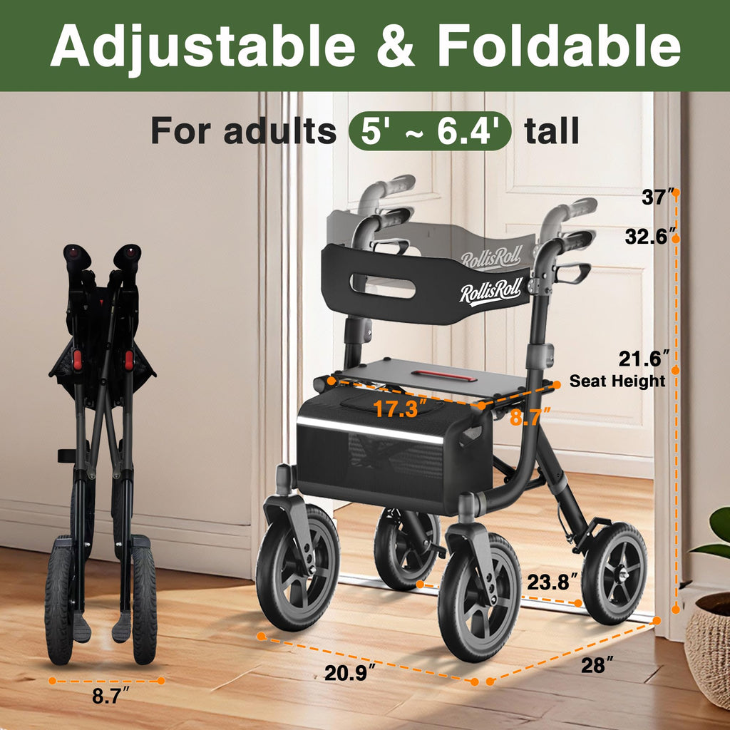 Black Foldable Rollator Walker with Seat, Backrest, 12" Rubber Wheels V666536