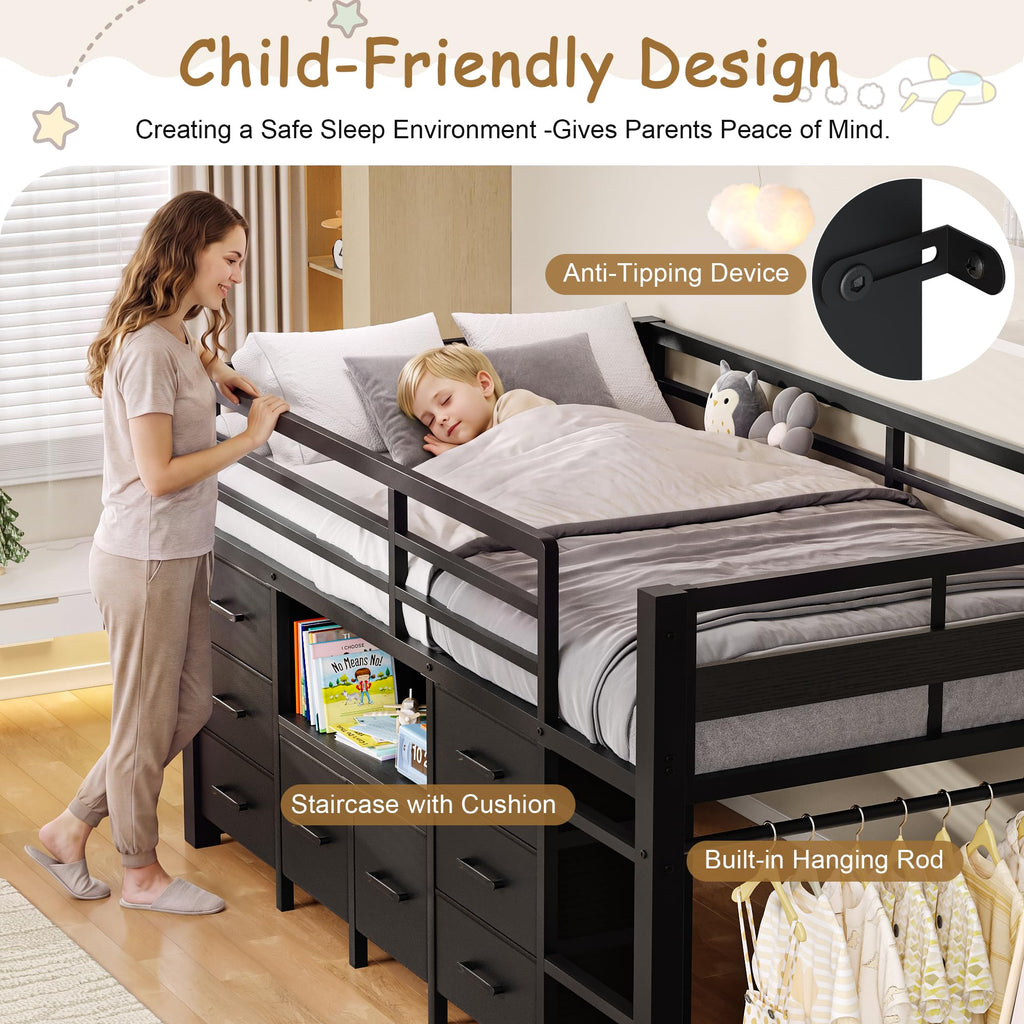 Black Twin Size Low Loft Bed with 8 Storage Drawers P817366