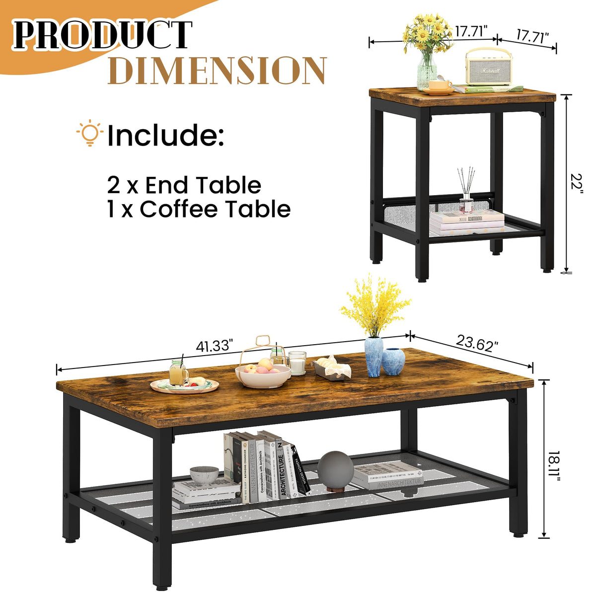 3-Piece Coffee Table Set with 2 Square End Side Tables P726