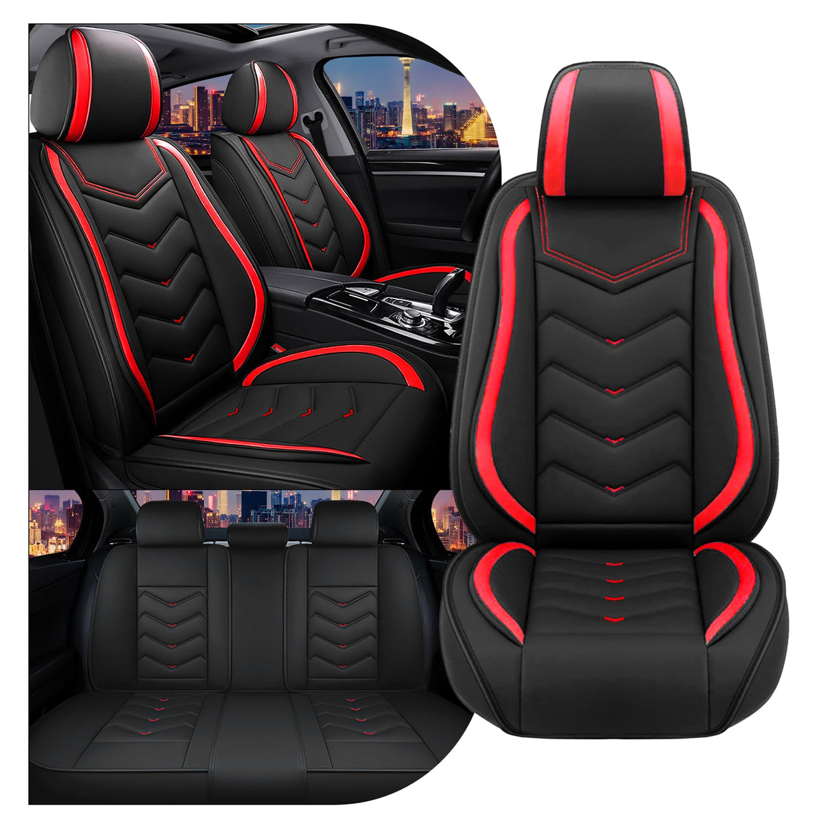 Black Red Nappa Leather Car Seat Covers Set N58910