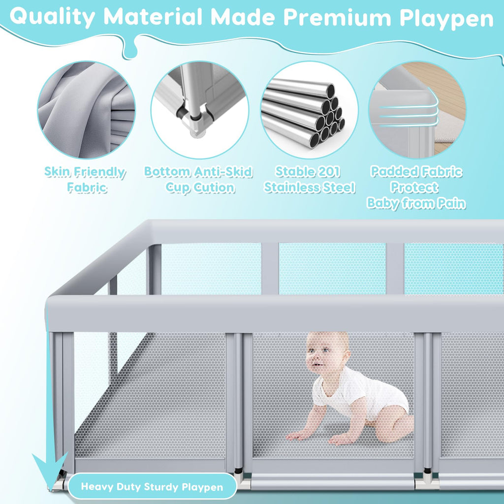 74" ×50" Large Baby Playpen with Soft Breathable Mesh, Grey L78930