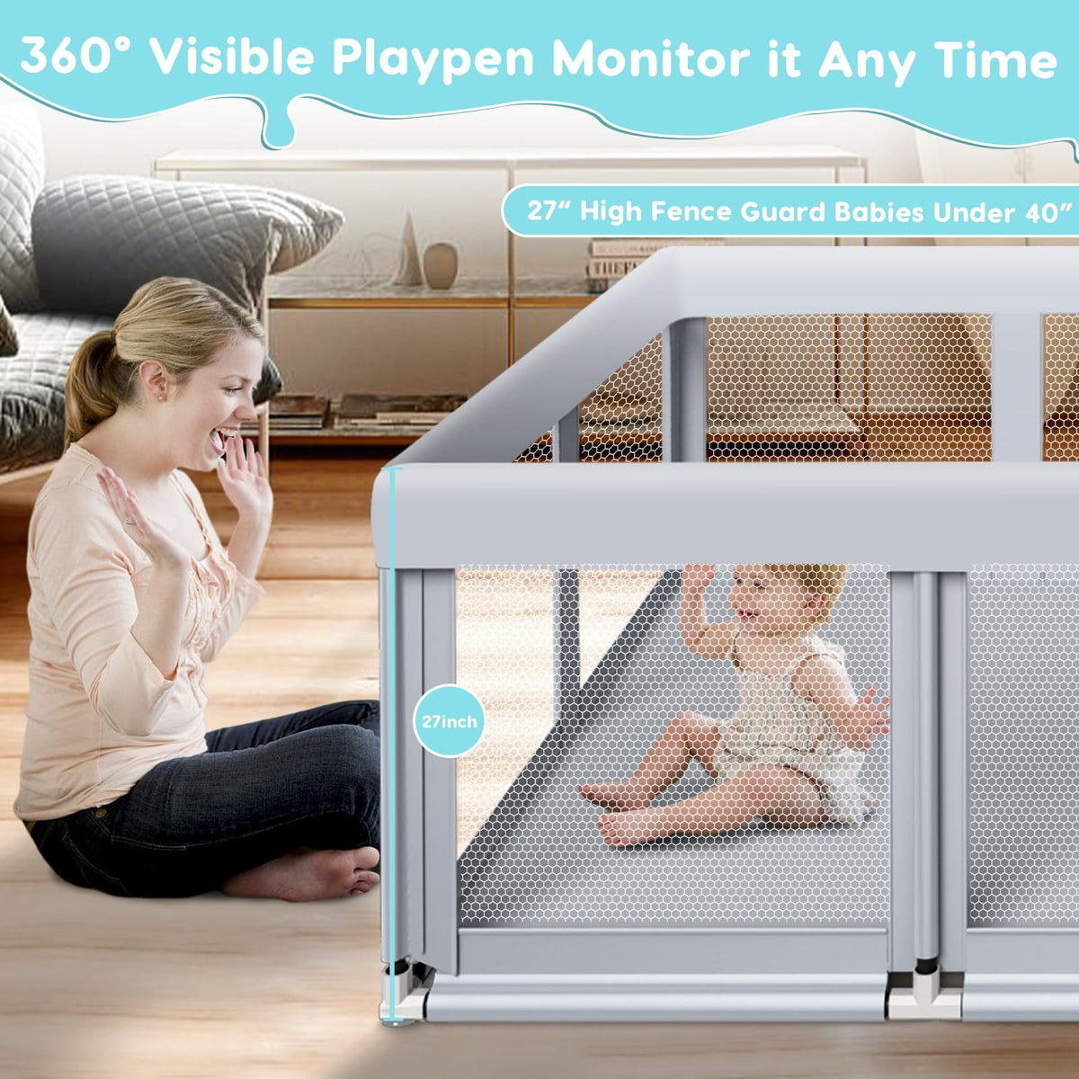 74" ×50" Large Baby Playpen with Soft Breathable Mesh, Grey L78930