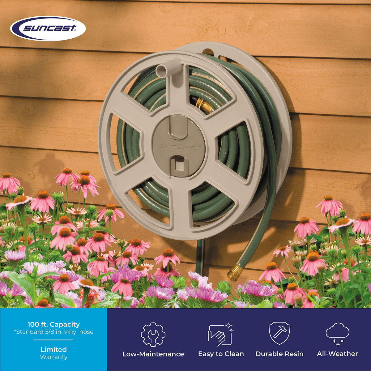 Wall Mount Garden Hose Reel 100 Feet Capacity Light Taupe Resin Y1058