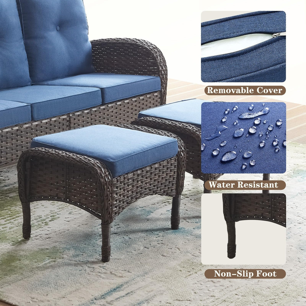 25 Inch PE Wicker Foot Stool Set of 2 with Removable Cushions Brown T682237