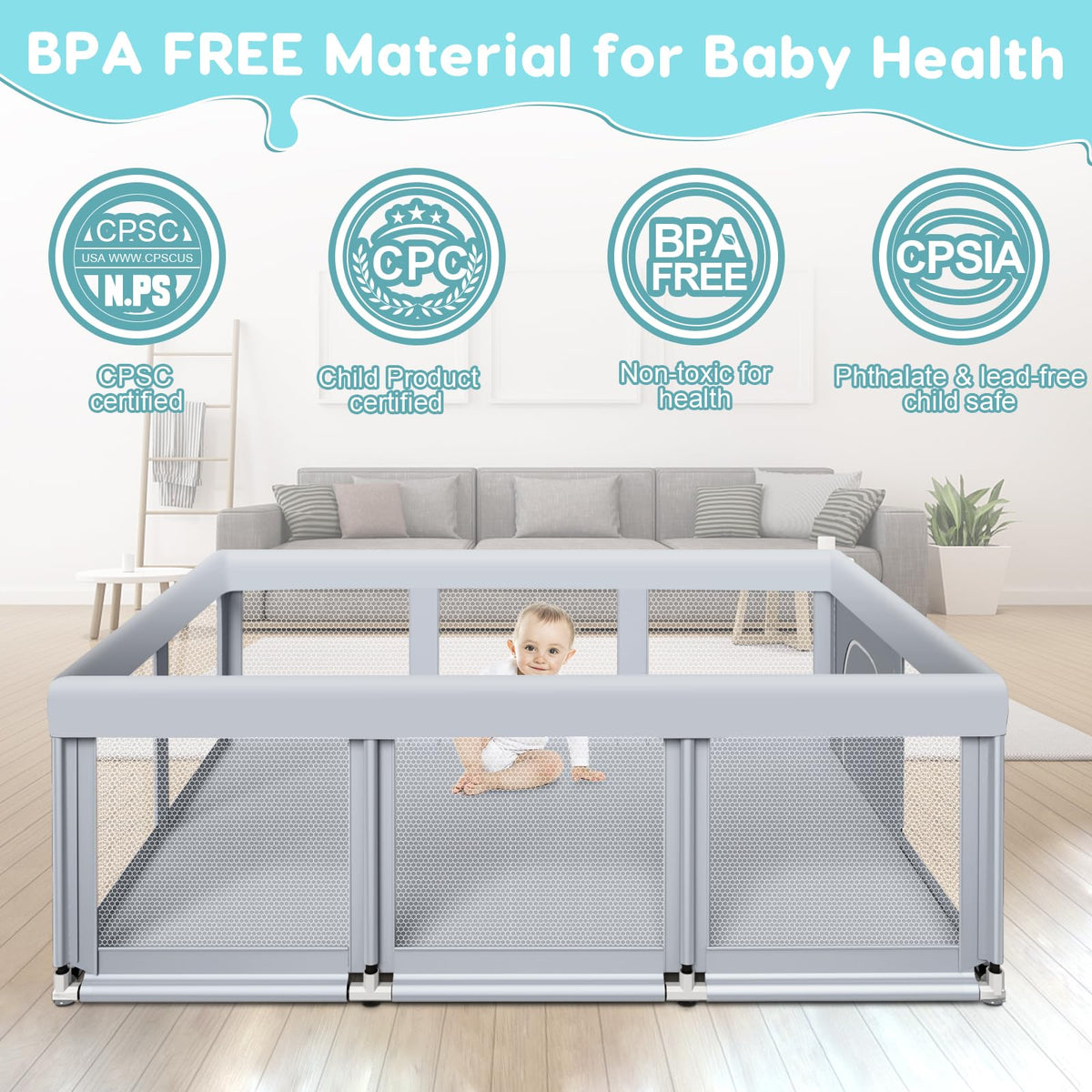 74" ×50" Large Baby Playpen with Soft Breathable Mesh, Grey L78930