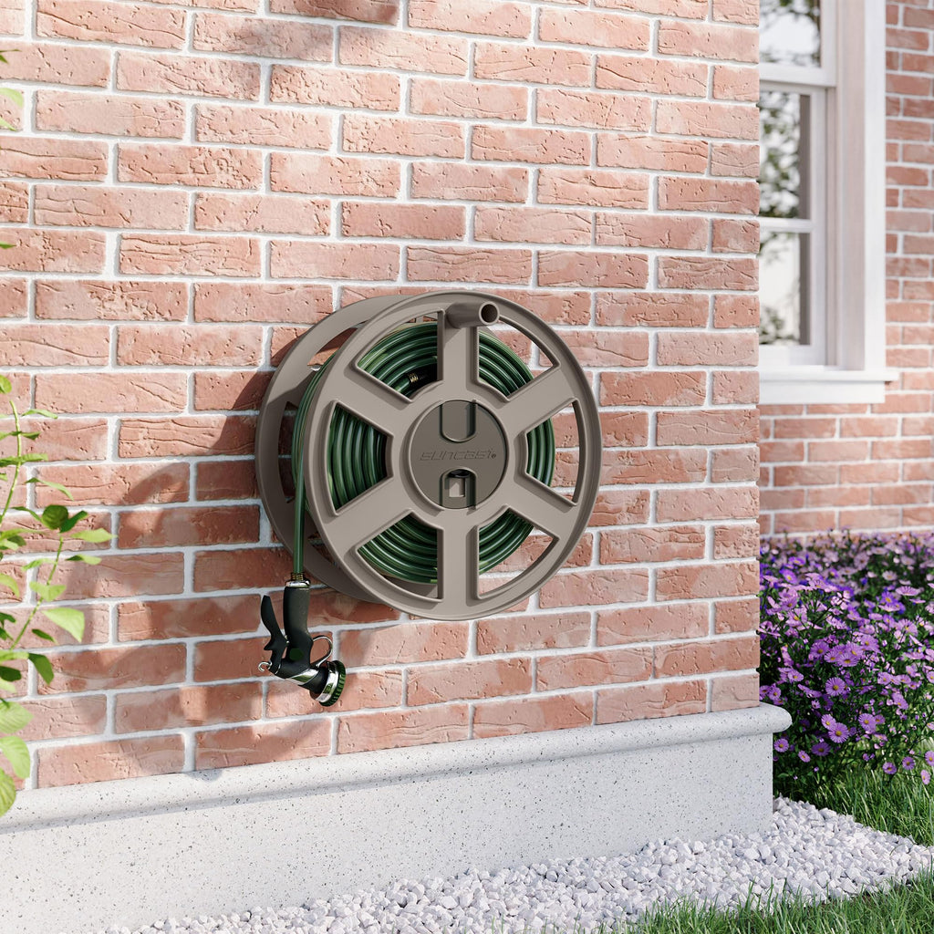 Wall Mount Garden Hose Reel 100 Feet Capacity Light Taupe Resin Y1058