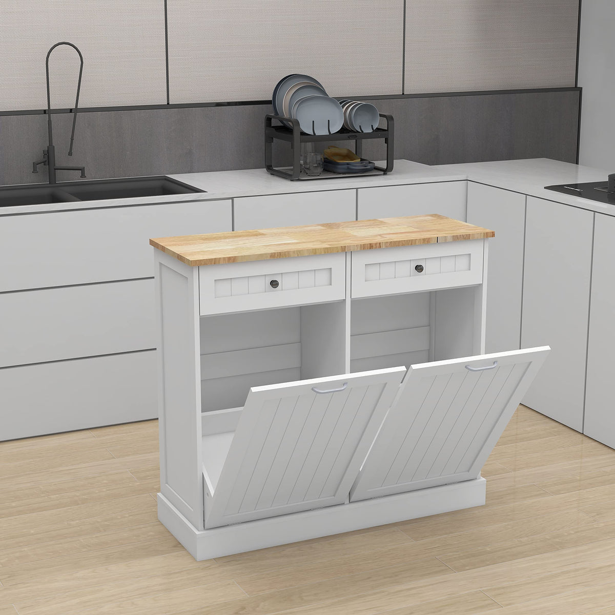 White 2 Drawer Tilt Out Trash Cabinet Q655