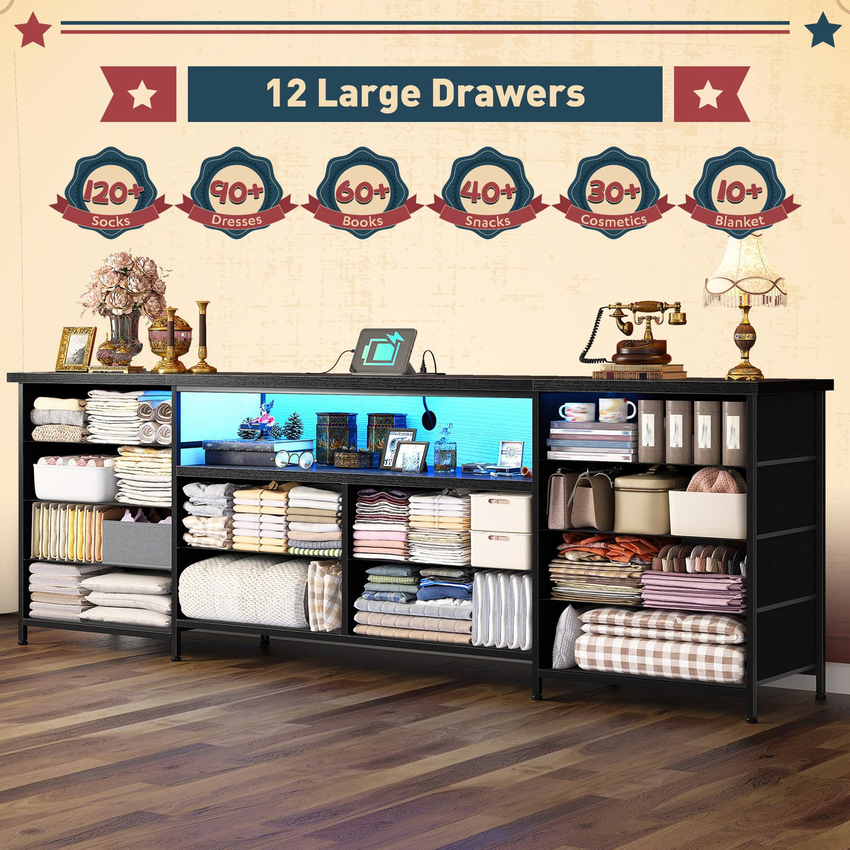 63" Dresser with 12 Fabric Drawers G18473