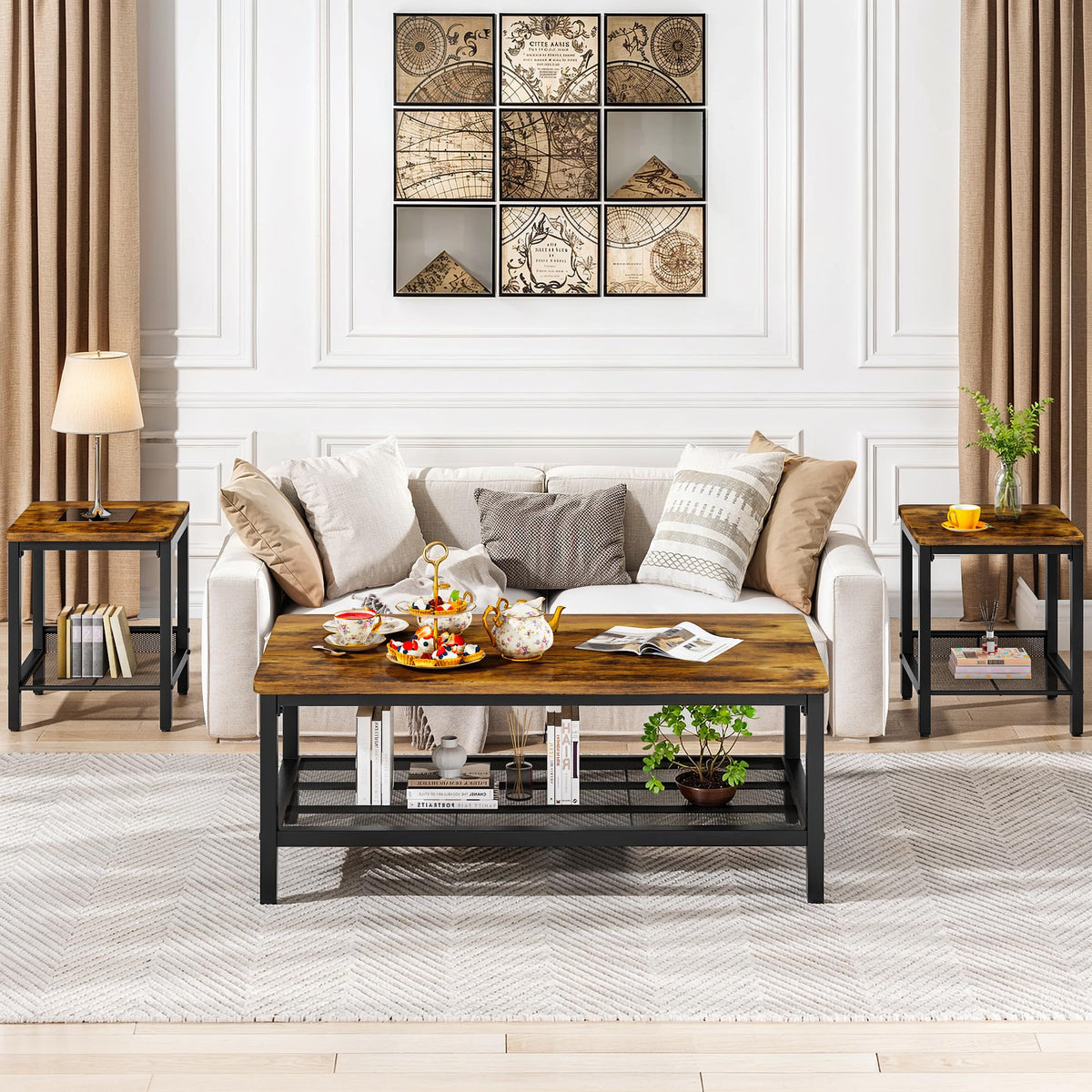 3-Piece Coffee Table Set with 2 Square End Side Tables P726