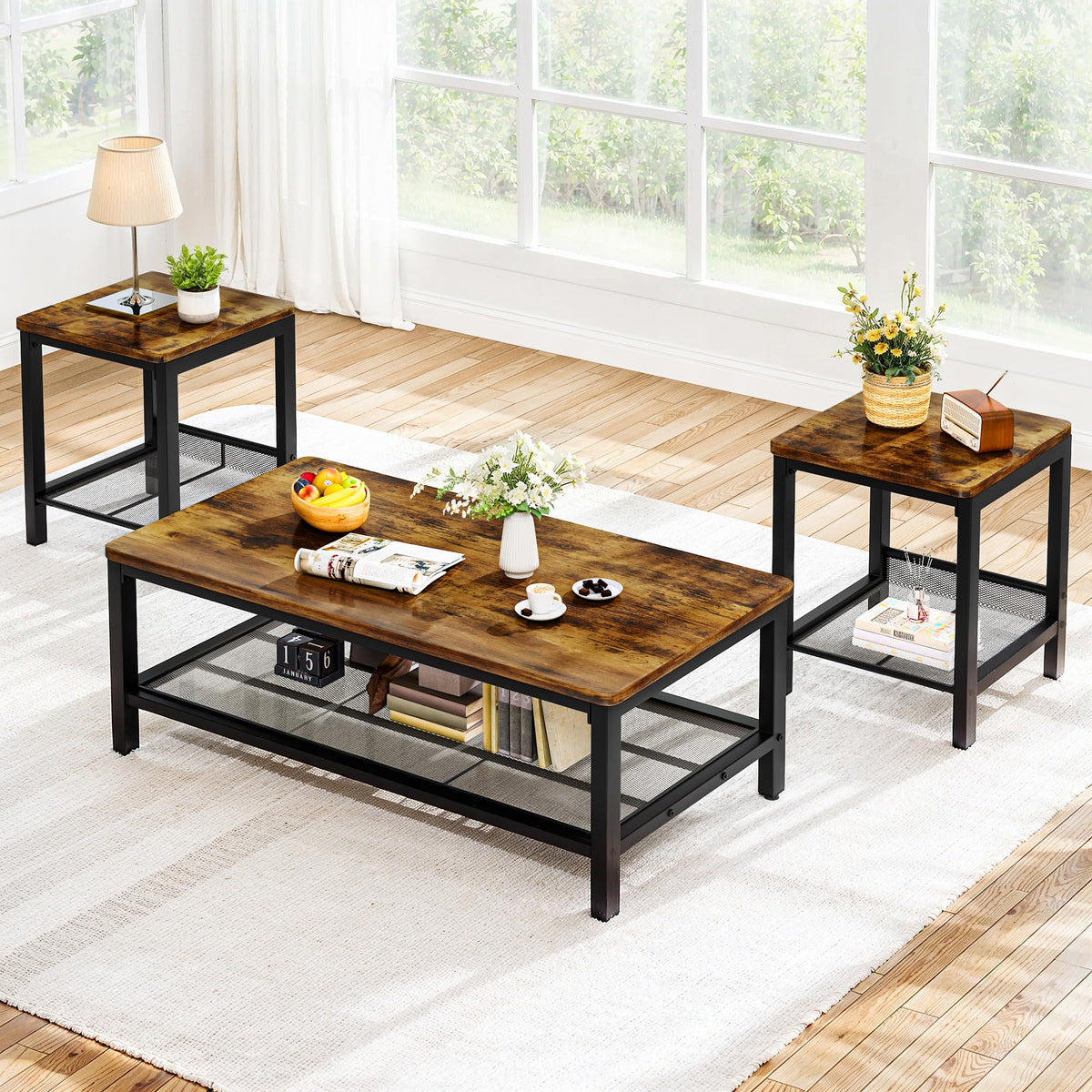 3-Piece Coffee Table Set with 2 Square End Side Tables P726