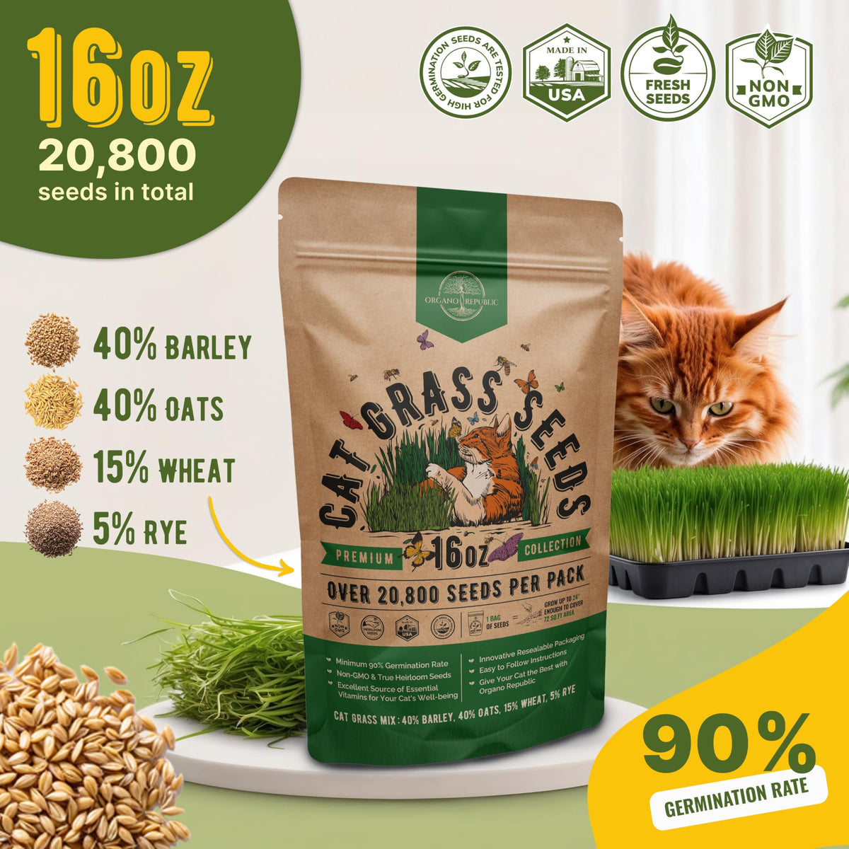 Cat Grass Seeds Mix 16 oz Non-GMO Heirloom I107138